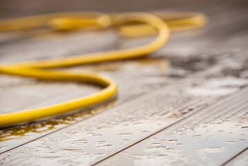 Wet Patio with details of a blurred water hose