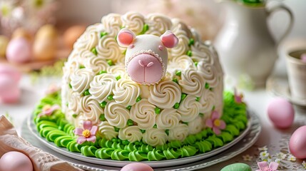 Obraz na płótnie Canvas A charming Easter cake with lamb in a celebration of the joy and renewal of the season. Easter cake in a lamb style full of magic and charm.