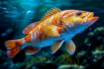 A Majestic Fish with Glistening Scales Caught Mid-Swim in the Sunlit Depths of Its Marine Realm, Generative AI