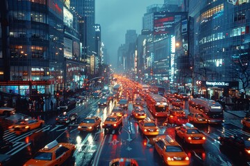 A bustling metropolis comes alive as the city lights reflect off the skyscrapers, while vehicles and taxis weave through the crowded streets in the heart of downtown times square