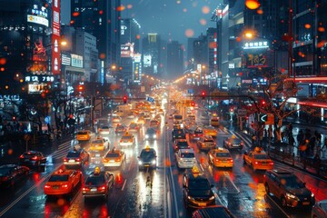 A bustling city street at night, with colorful lights illuminating the busy traffic and towering...