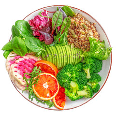 Healthy salad bowl with avocado, blood orange, broccoli, watermelon radish, spinach quinoa, pumpkin seeds. Buddha bowl isolated on white background