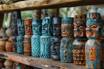 A colorful collection of hand-painted earthenware vases and pottery souvenirs sit atop a wooden shelf, adding a touch of cultural charm to the indoor space