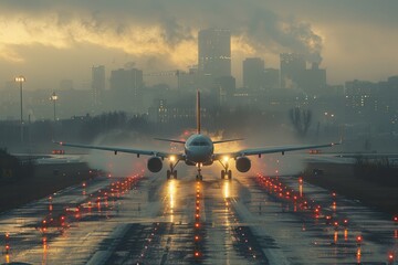 Amidst the fog and city lights, a majestic airliner prepares for takeoff on the bustling runway, symbolizing the excitement and wonder of air travel and the impressive feats of aerospace engineering - obrazy, fototapety, plakaty
