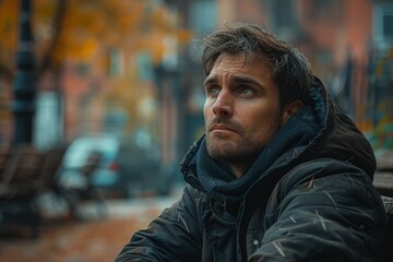 A solitary figure stands amidst the bustling city streets, his rugged beard and weathered jacket a stark contrast to the sleek buildings towering above him, lost in thought as he gazes into the unkno