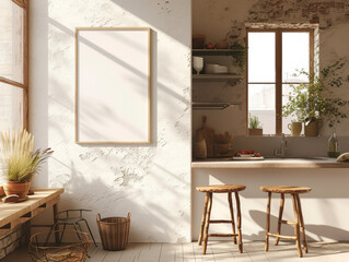 A blank poster frame adds a touch of Boheme chic to a kitchen's decor, offering a canvas for personal expression in a cozy, stylish setting..