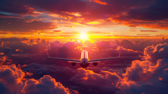 Airliner ascending into a vibrant sunrise symbolizing new beginnings and hope