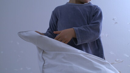 Children playing pillow fight standing in bed in ultra slow motion 1000 fps with feathers flying...