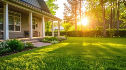 house exterior with a covered porch and sunlit green grass on a sunny day