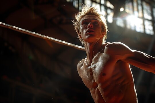 A fit and determined man, with bulging muscles and a determined look on his human face, stands barechested in the outdoor arena, ready to conquer the sport with his physical fitness and powerful elbo