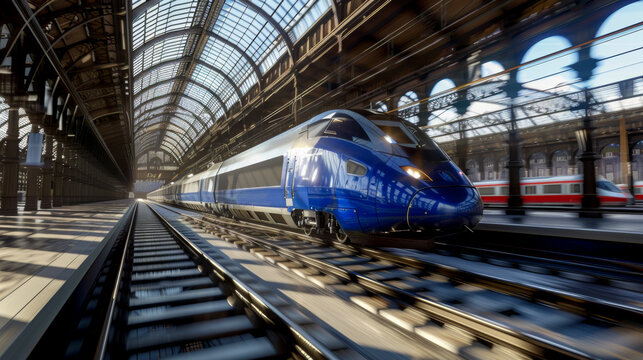 Ultra realistic 4K photo of a modern high speed train centered with a newspaper style structured background summer vibe