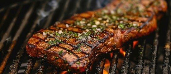 Fototapeta premium A perfectly cooked NY Strip Steak sizzles and savor its flavors as it grills on the barbecue.