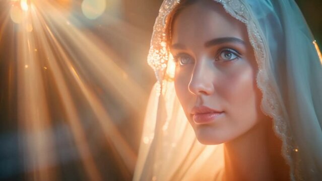 Woman in the image of Virgin Mary Mother of Jesus Christ in holy light. Portrait of a young woman in veil in rays of the sun.
