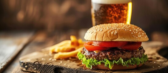 A delicious hamburger and a glass of refreshing craft beer are perfectly arranged on a rustic...