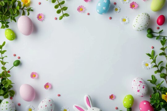 Happy Easter Eggs overflowing with gladness. Bunny in flower easter bonnet decoration. Adorable hare 3d candlelight service rabbit illustration. Holy week global illumination card digital imaging