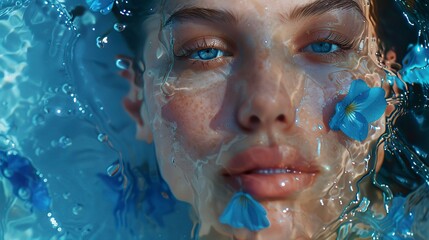 A portrait of a woman with face under water with blue flower petals. Close-up of a woman's face inspired by advertising in reverent style.