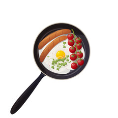 Breakfast fried eggs, tomato and sausage on pan. breakfast always fresh. Use for card, poster, banner, web design and print on t-shirt. Easy to edit. Vector illustration.
