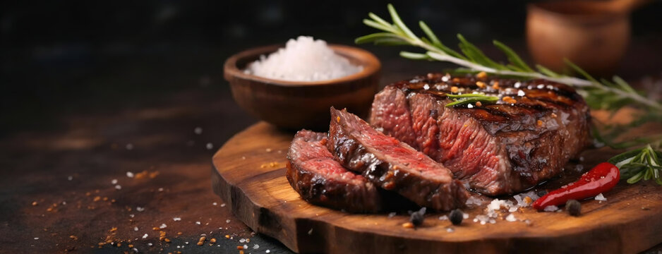 Grilled Steak with Herbs and Spices. A juicy meat seasoned with herbs and spices on a wooden board with salt and a red chili, a fine dining experience.