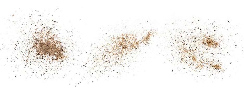 Set minced black pepper, ground peppercorn pile isolated on white, top view, macro	