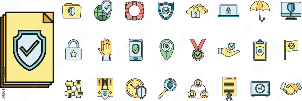 Poster reliability principles icons set outline vector. social customer trust. worker dependable
