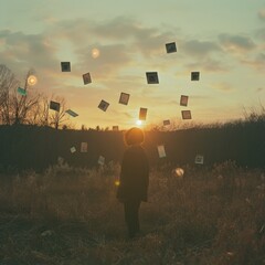 Person standing in an open field, surrounded by levitating polaroid photos capturing moments from the past. The sun setting in the background adds warmth.