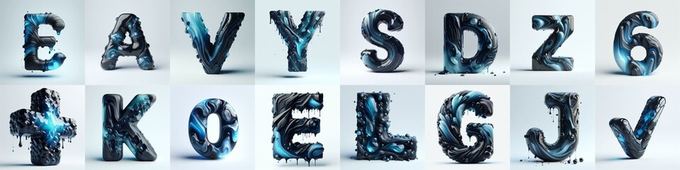 Obsidian and Blue glass 3D Lettering Typeface. AI generated illustration