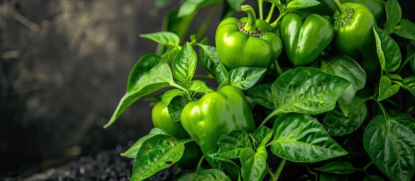 A photo showcasing a vibrant plant with numerous ripe green peppers growing on it.