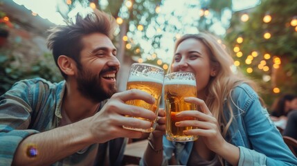 a man and woman holding glasses of beer - Powered by Adobe