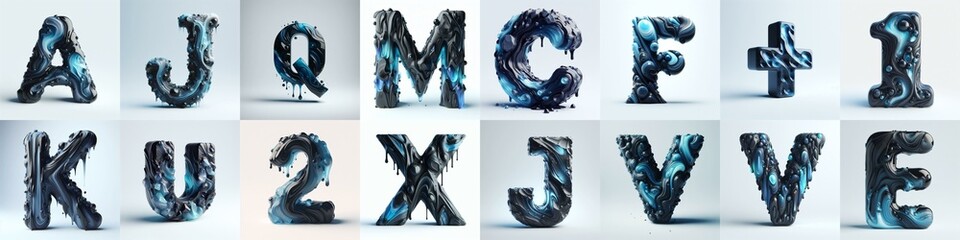 Obsidian and Blue glass 3D Lettering Typeface. AI generated illustration
