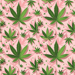 flat illustration seamless pattern green marijuana leaves on pink background