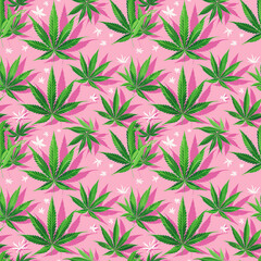 seamless pattern green marijuana leaves on pink background