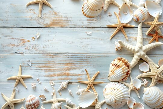 collection of various seashells and starfish on a white painted wooden background top view with copy space