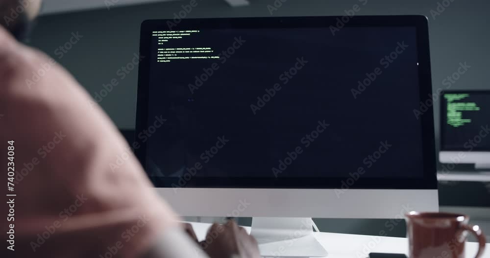 Leinwandbilder Coding, computer screen or person typing software development, cloud computing code or online algorithm. Night developer, back or programmer working late on script, website HTML or programming server
