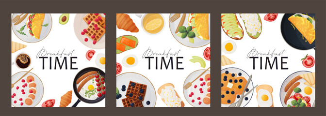 Set of cards. Web banner. Breakfast time. Eggs, sandwich, croissant, waffle with fruit, vegetables, fruit. Advertising flyer. Vector illustration