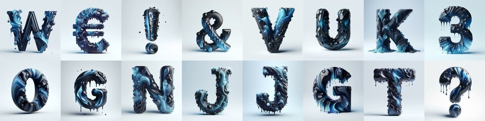 Obsidian and Blue glass 3D Lettering Typeface. AI generated illustration