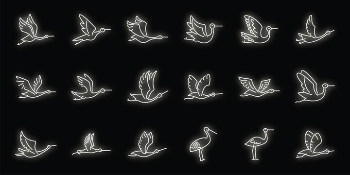 Fly stork icons set outline vector. Fly stork bird. Delivery newborn