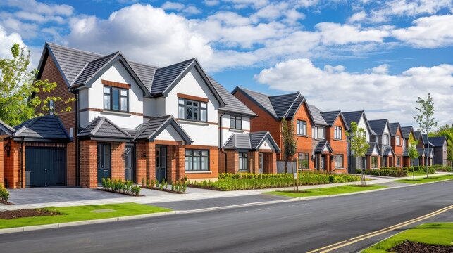Stunning image of a row of detached new build homes in a thriving housing development.