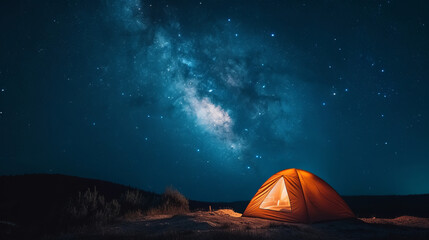 A lonely tent with a cozy light inside under the starry sky. Sleeping under the stars, the romance of travel, the grandeur of nature