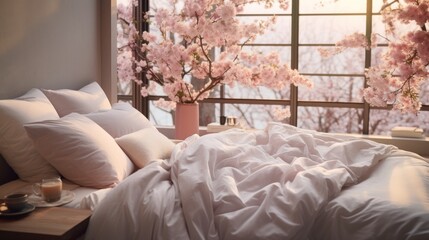 Vase With Pink Flowers and Cup of Coffee on Bed
