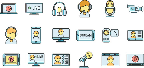Live streaming icons set outline vector. Video stream. Movie watch