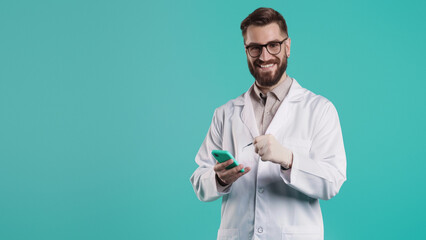 A professional man in a crisp white coat and glasses, holding a pen and phone, embodies the balance of style and healthcare in his immaculate dress shirt with perfectly rolled sleeves and sharp colla