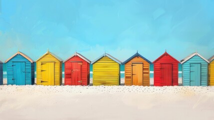 Fototapeta na wymiar Stunning image of colorful wooden beach huts on the sandy beach, evoking coastal charm and seaside beauty.