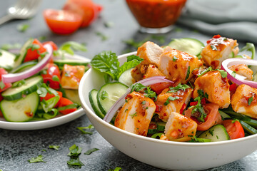 Banza Chicken Bowls with Calabrian Chili Sauce. Close-up