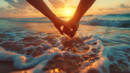 Close up of man and woman hand holding together with beautiful beach background. With Generative AI - obrazy, fototapety, plakaty