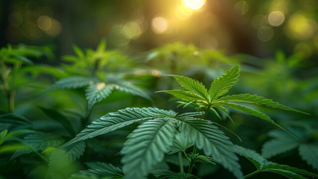 Close up of marijuana leaf, herbal medicine. With Generative AI