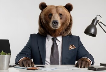 A portrait of a grizzly bear dressed in a suit like trader boss, business finance market concept - obrazy, fototapety, plakaty