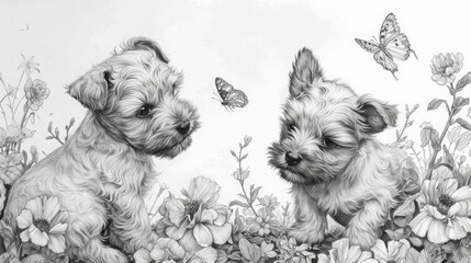 Pencil drawing cute schnauzer puppies - obrazy, fototapety, plakaty