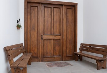 Obraz na płótnie Canvas Wooden door with perfect matching white wall modern home