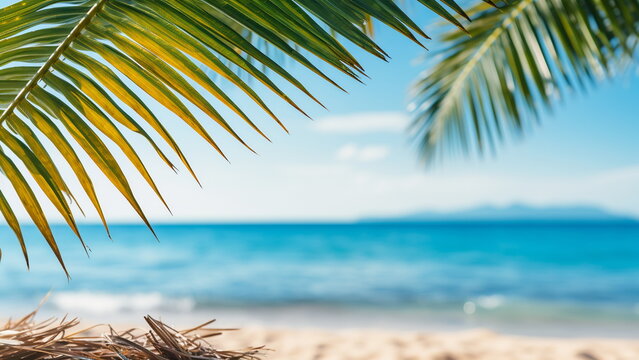 Close up photo of palm leaves with beach background summer vacation ambiance. With Generative AI