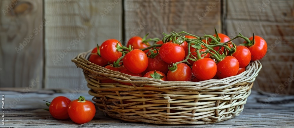 Poster a charming wicker basket is filled with deliciously plump small tomatoes, creating a vibrant display